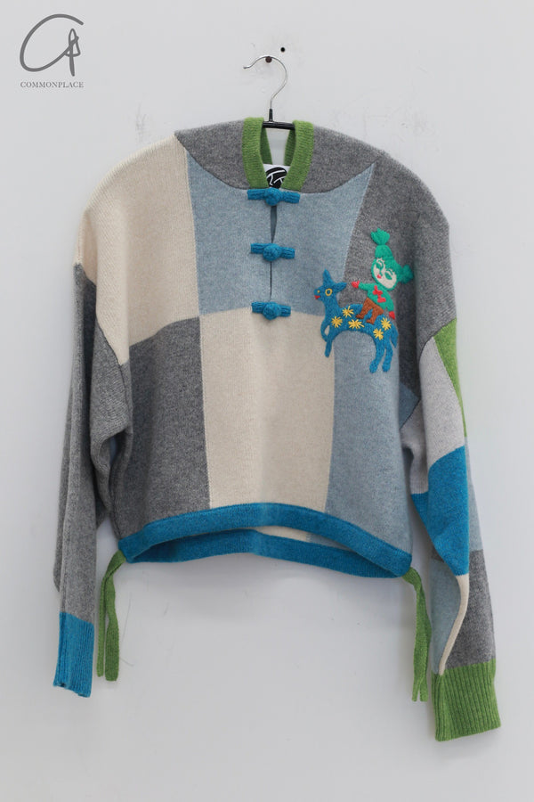 YANYAN KNITS Checked Stand Collar Sweater YYK-YYW23-0171-LANLV Blue/Green YYK-YYW23-0172
